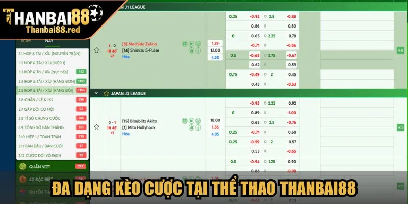 Đa dạng kèo cược tại Thể Thao Thanbai88